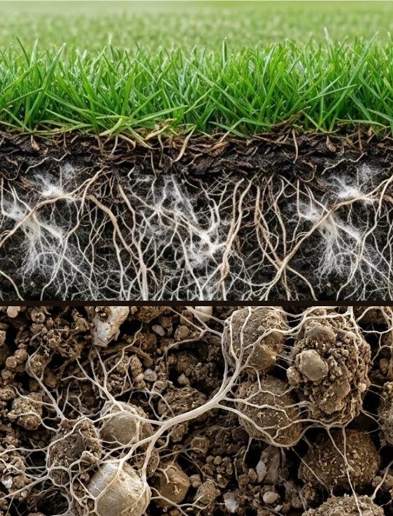 Turf roots threaded with white fungal networks, above soil aggregates bound together by fungal filaments